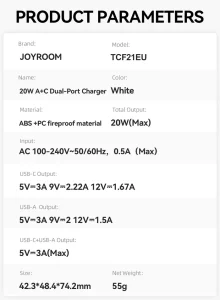 شارژر دیواری 20 وات جوی روم مدل JR-TCF21 با درگاه های USB-C و USB-A - Image 7